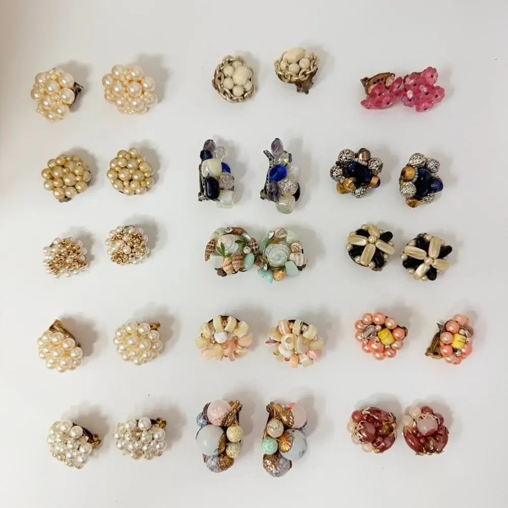 Lot of 15 Hong Kong Japan Cluster Flower Faux Pearl Shell Bead Clip On Earrings